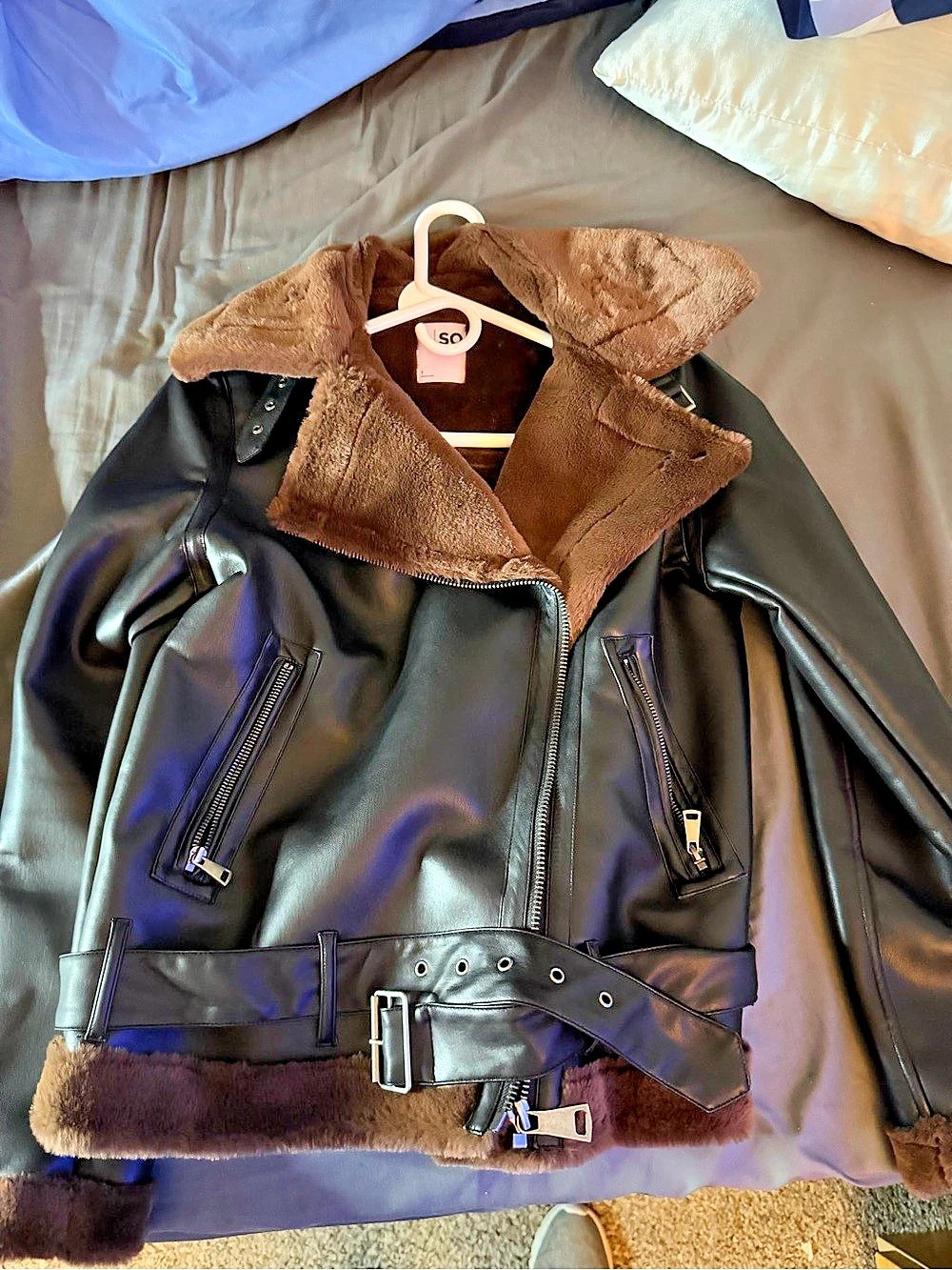 SO Faux Fur Trim Moto Jacket Black Size Small